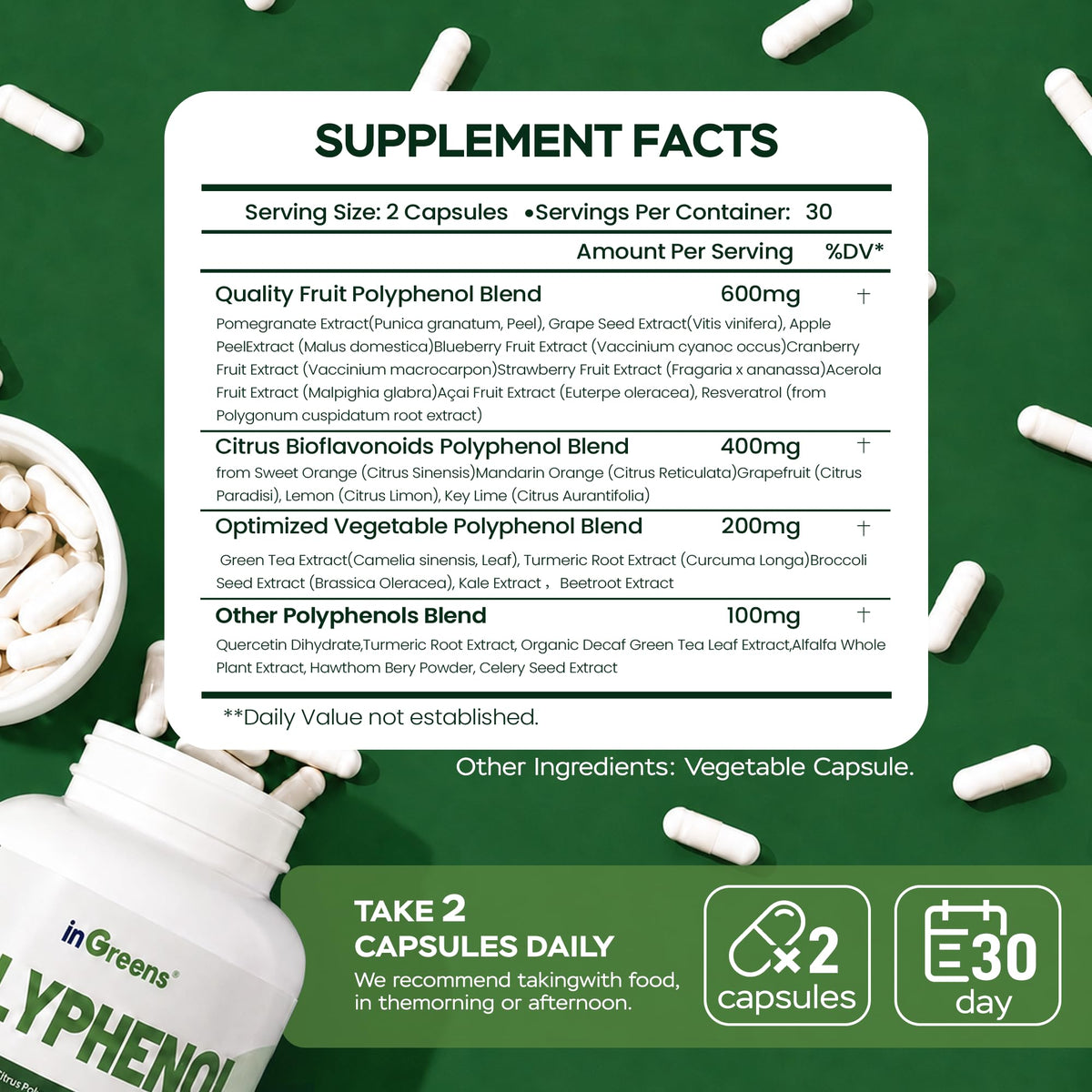 Compléments inGreens 25-en-1 polyphénols 1300mg avec capsules sur fond blanc