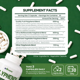 Compléments inGreens 25-en-1 polyphénols 1300mg avec capsules sur fond blanc