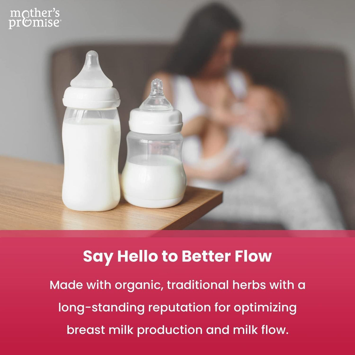 Compléments Mother's Promise pour allaitement, vue latérale, démontrant l'emballage et le dosage