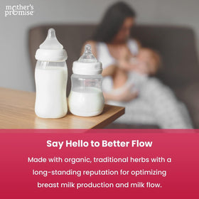 Compléments Mother's Promise pour allaitement, vue latérale, démontrant l'emballage et le dosage