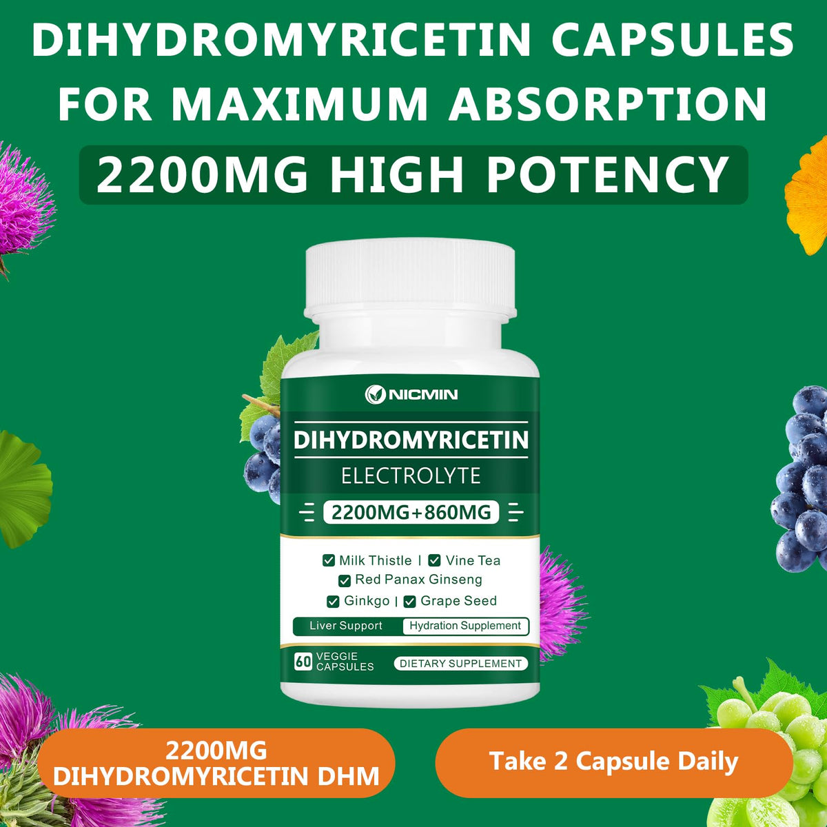 Compléments NICMIN DHM 2200MG avec des ingrédients naturels en arrière-plan