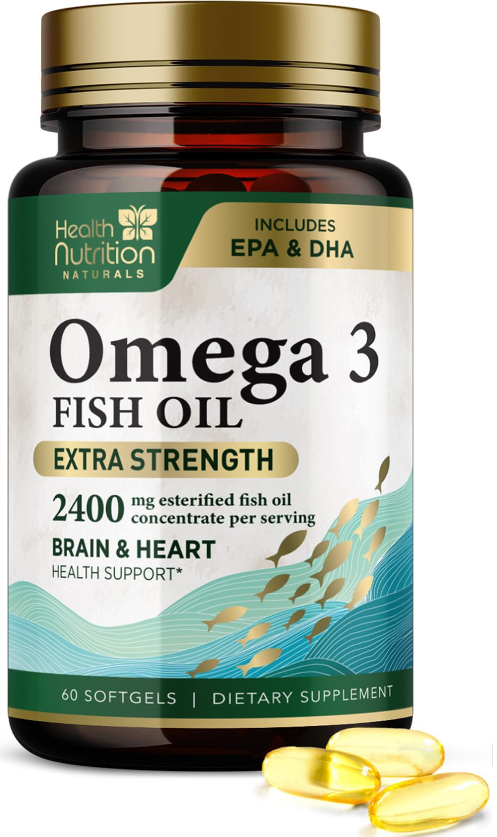 Compléments Omega 3 Huile de Poisson 2400mg Health Nutrition Naturals, boîte vue de face