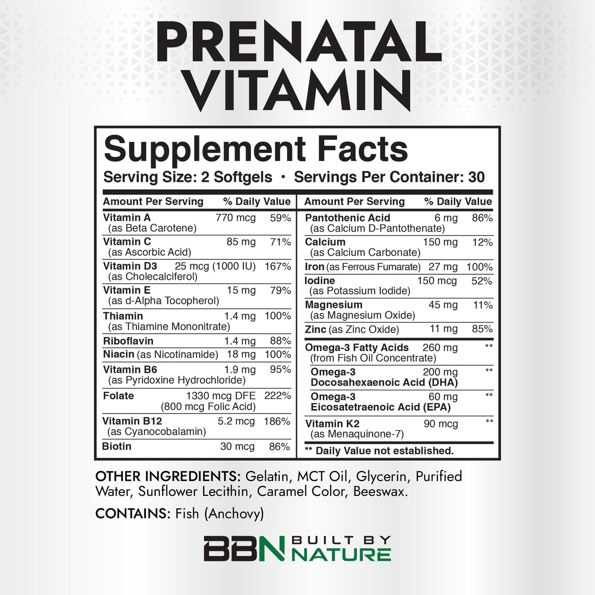 Compléments prénatals Built by Nature, arrière de la boîte avec informations nutritionnelles