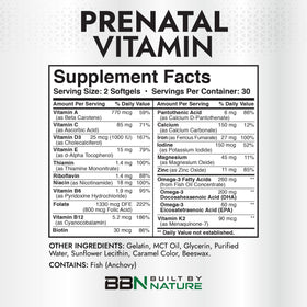 Compléments prénatals Built by Nature, arrière de la boîte avec informations nutritionnelles