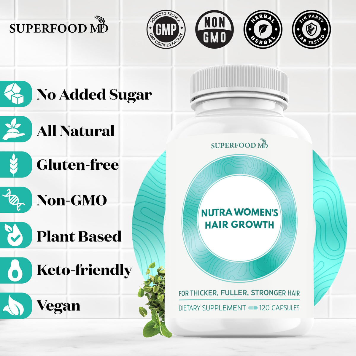 Compléments Superfood MD pour cheveux, mise en scène avec des produits de beauté
