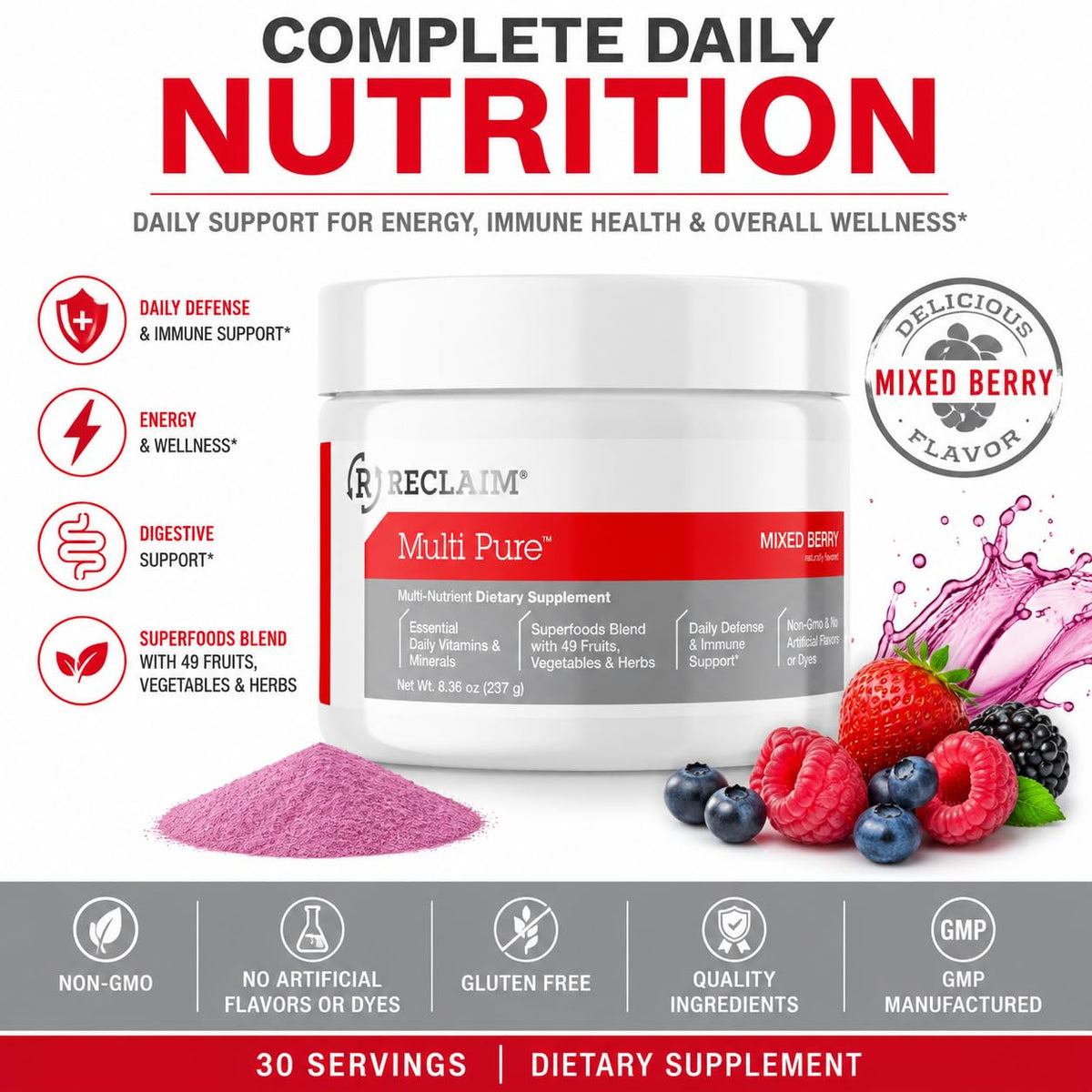 Complete Nutrition Reclaim Multi Pure emballage avec informations nutritionnelles