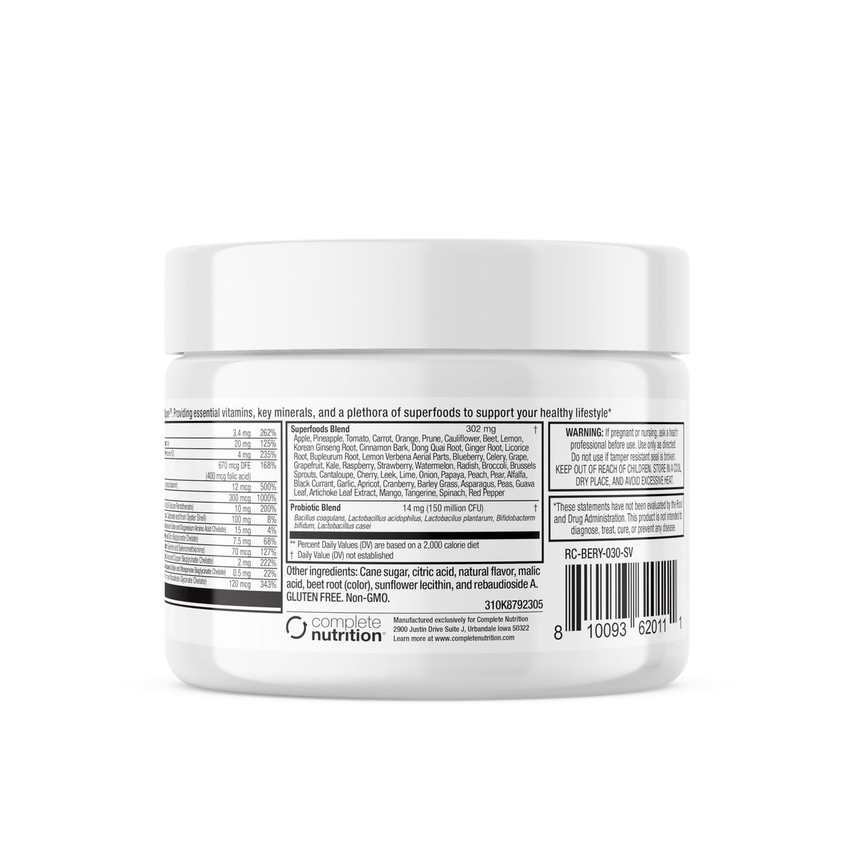 Complete Nutrition Reclaim Multi Pure poudre vue de dessus avec cuillère