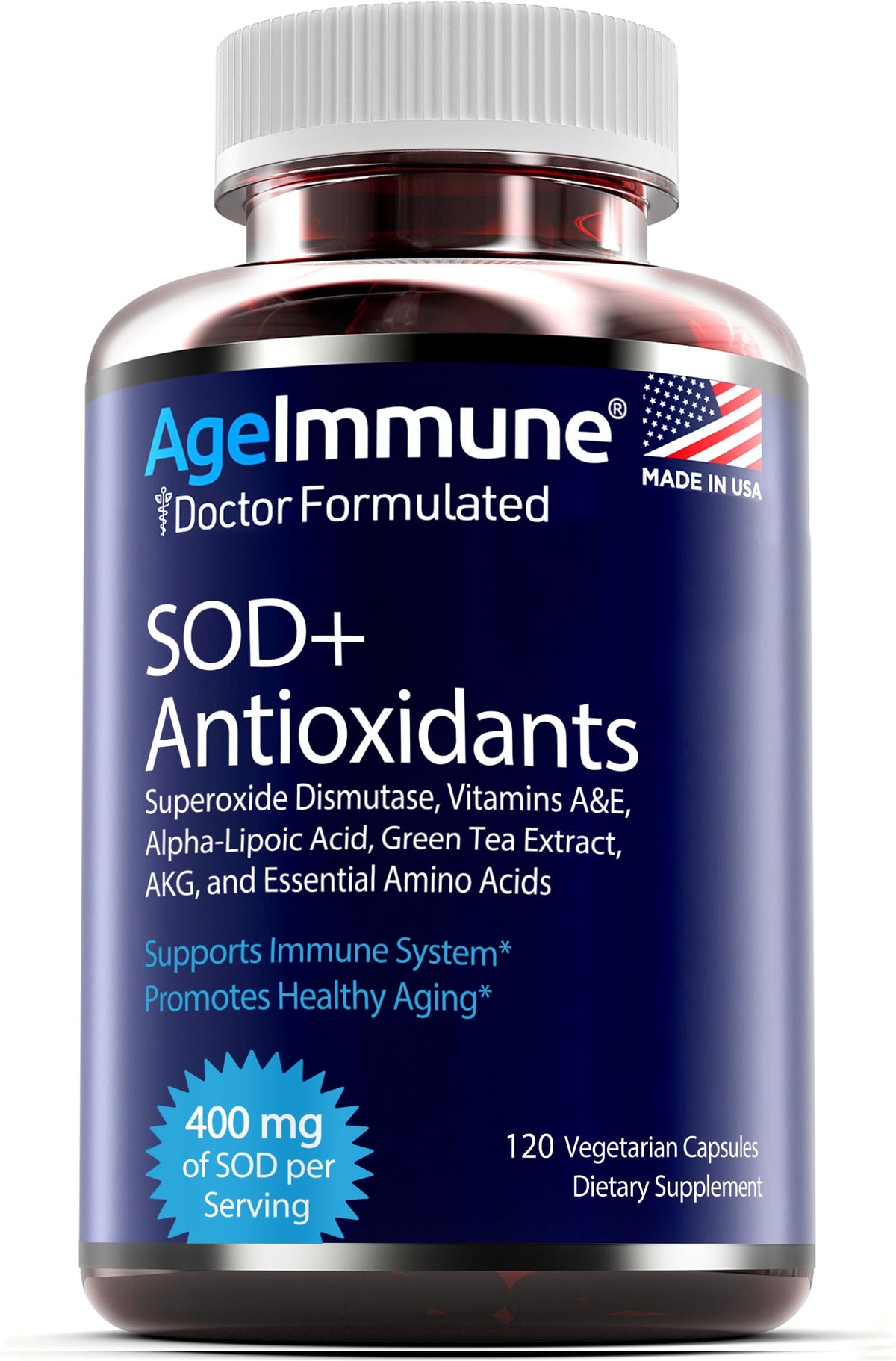 Complexe Antioxydants AgeImmune 400mg SOD, capsules sur un fond neutre