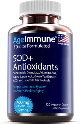 Complexe Antioxydants AgeImmune 400mg SOD, capsules sur un fond neutre