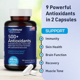 Complexe Antioxydants AgeImmune 400mg SOD, flacon ouvert avec capsules visibles