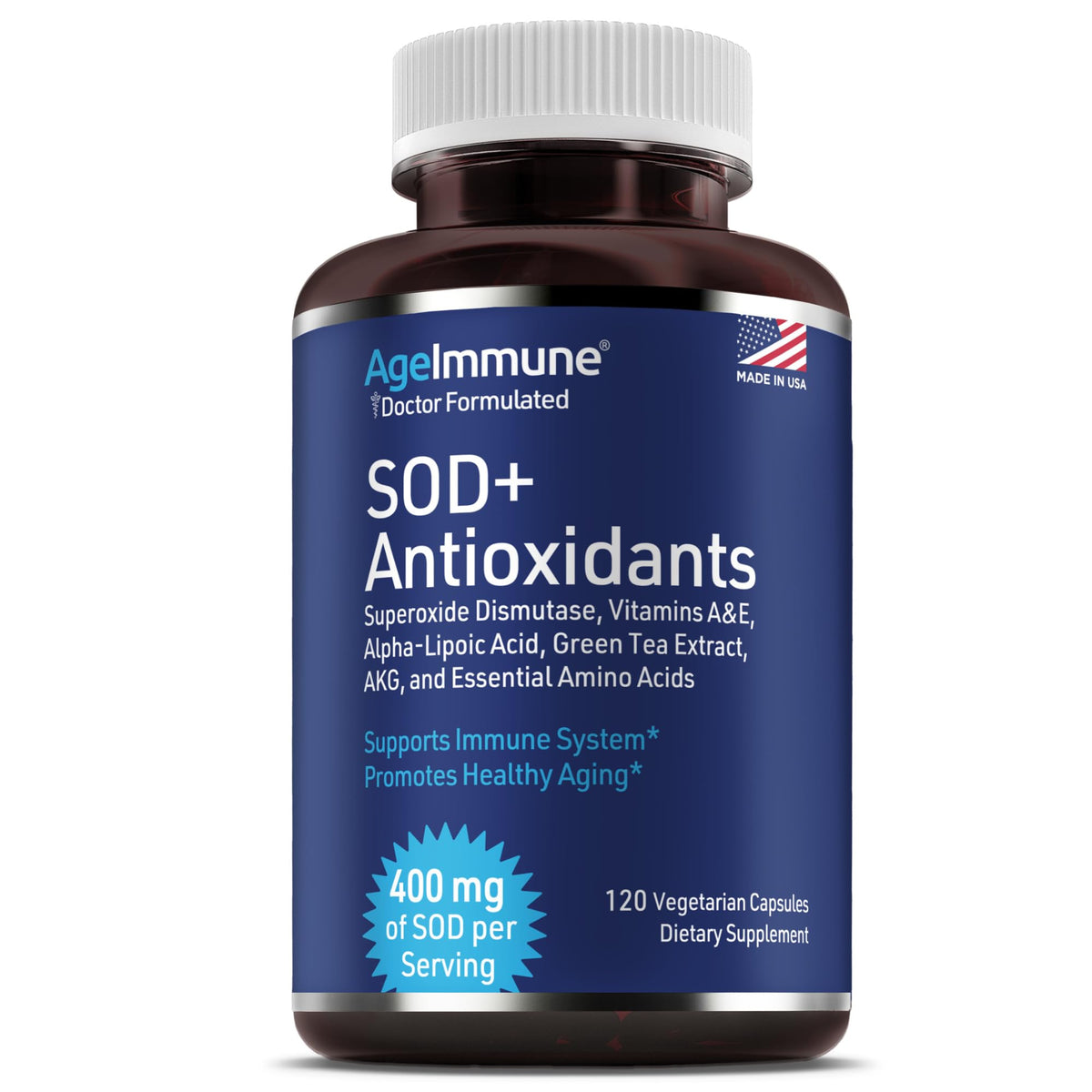 Complexe Antioxydants AgeImmune 400mg SOD, vue avant du flacon
