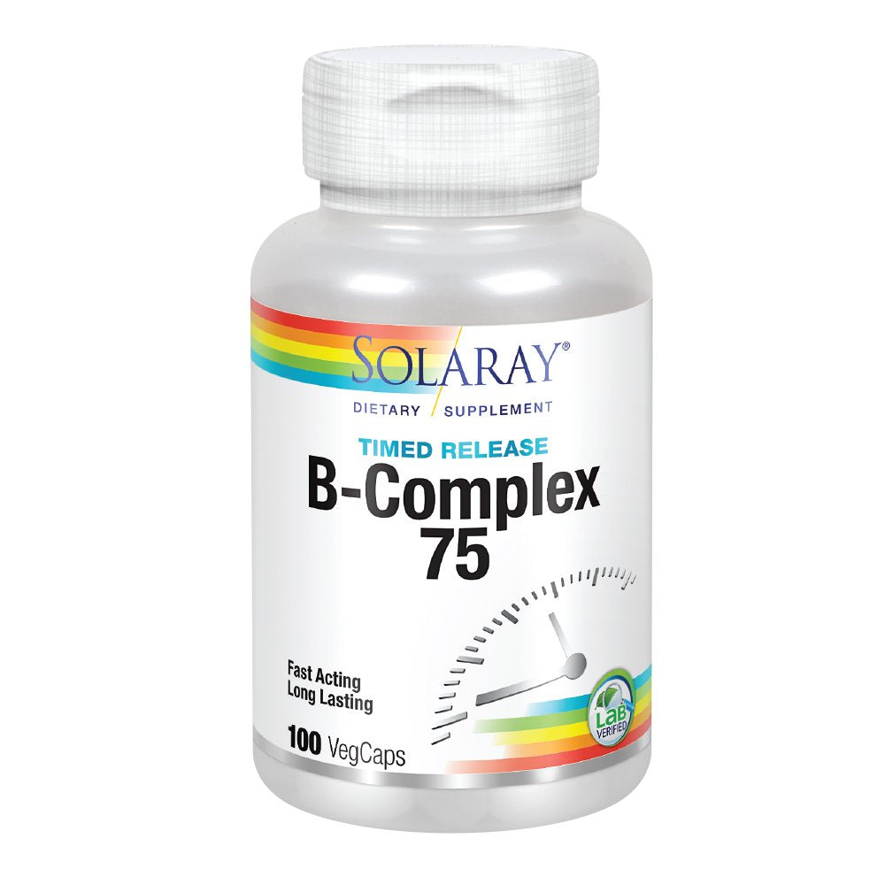 Complexe B SOLARAY 75mg comprimés sur une surface blanche