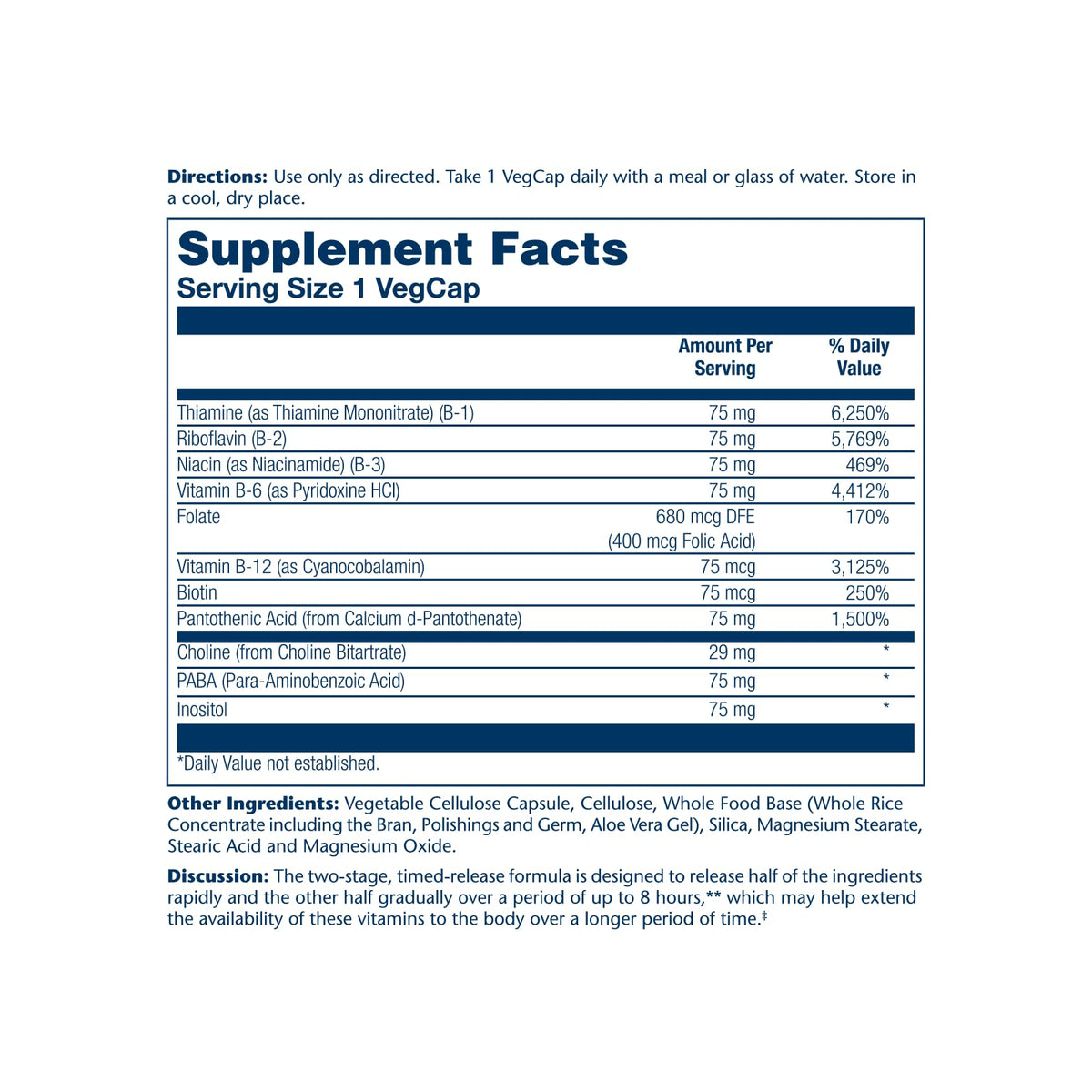 Complexe B SOLARAY 75mg flacon arrière avec informations nutritionnelles