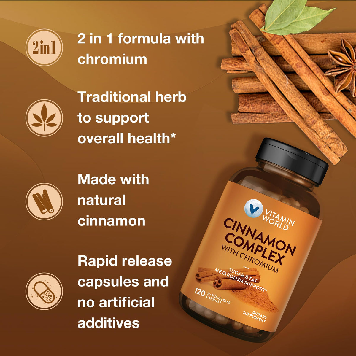 Complexe de Cannelle avec Chrome Vitamin World 120 capsules sur un comptoir