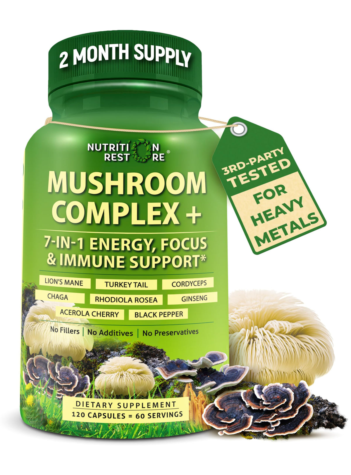 Complexe de champignons biologiques Nutrition Restore, vue avant du flacon