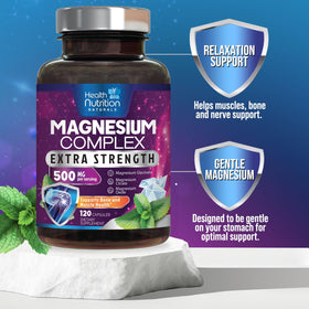Complexe de magnésium 500mg avec des ingrédients naturels en arrière-plan