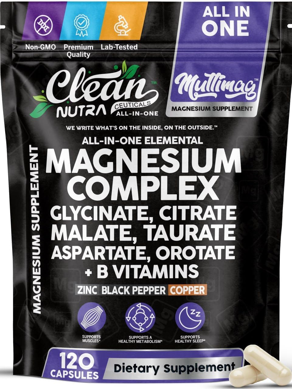 Complexe de Magnésium Clean Nutraceuticals 120 capsules vue de face