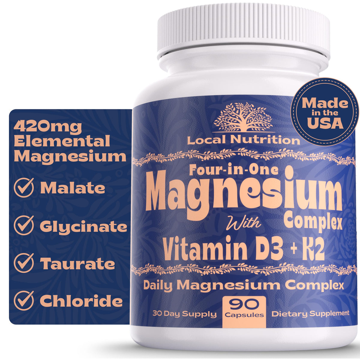 Complexe de magnésium Local Nutrition 420mg en capsules, vue de face
