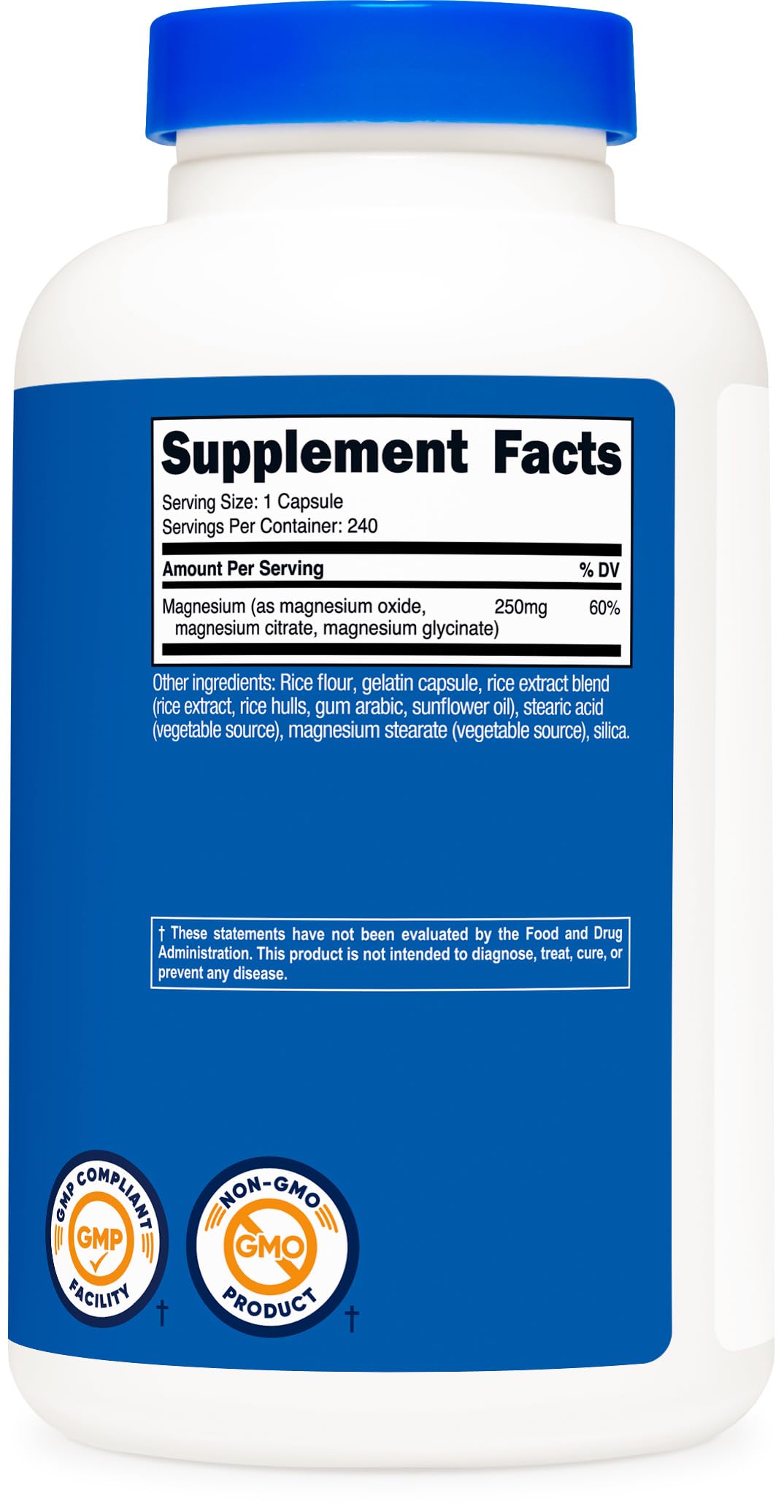 Complexe de Magnésium Nutricost 250mg gélules à côté d'un verre d'eau