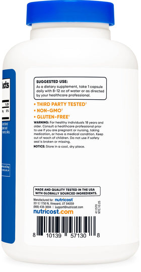 Complexe de Magnésium Nutricost 250mg gélules sur fond blanc