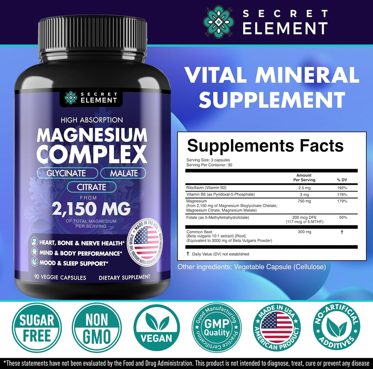 Complexe de Magnésium Secret Element 2 150 mg capsules sur une table