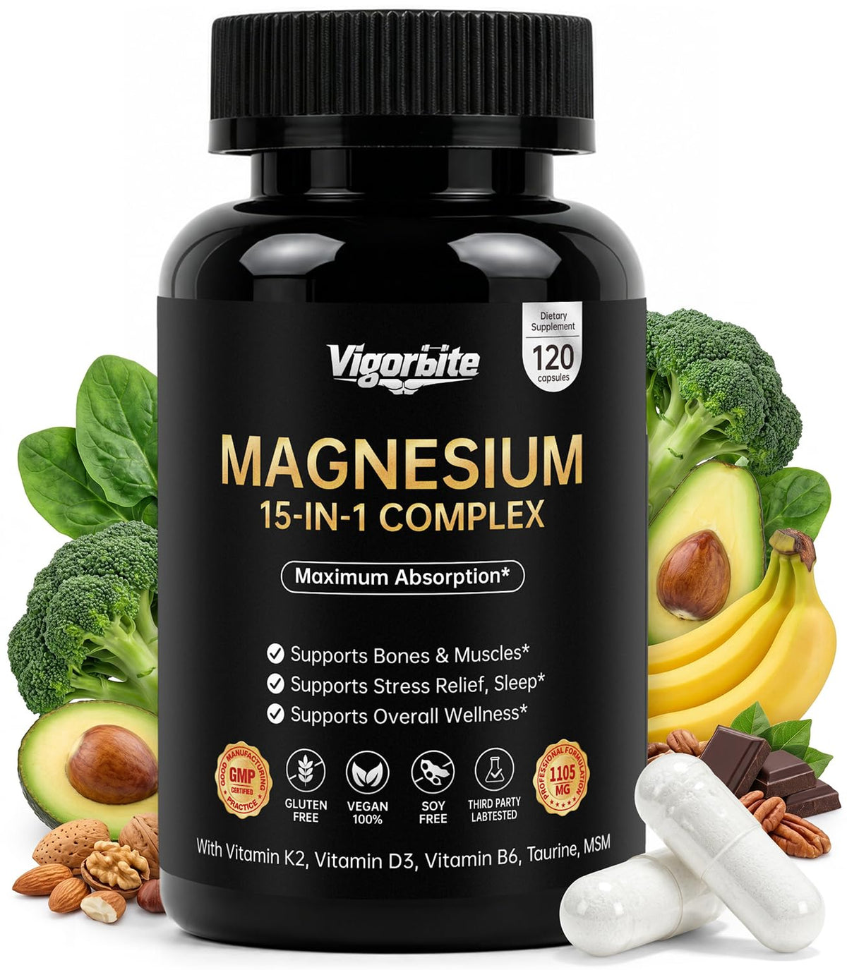 Complexe de magnésium Vigorbite 1105mg en capsules végétaliennes