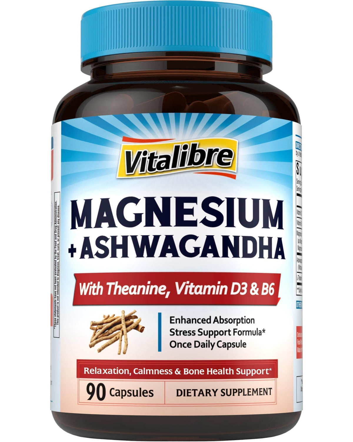 Complexe de Magnésium Vitalibre avec Ashwagandha, L-Théanine, Vitamine D3, B6, vue de face