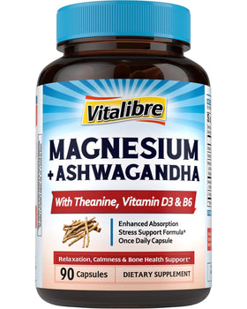 Complexe de Magnésium Vitalibre avec Ashwagandha, L-Théanine, Vitamine D3, B6, vue de face
