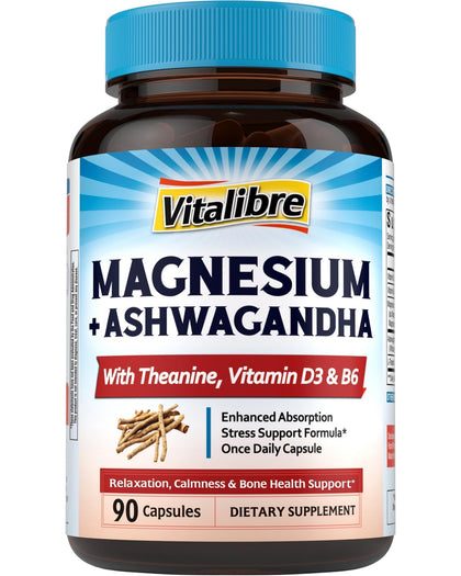Complexe de Magnésium Vitalibre avec Ashwagandha, L-Théanine, Vitamine D3, B6, vue de face
