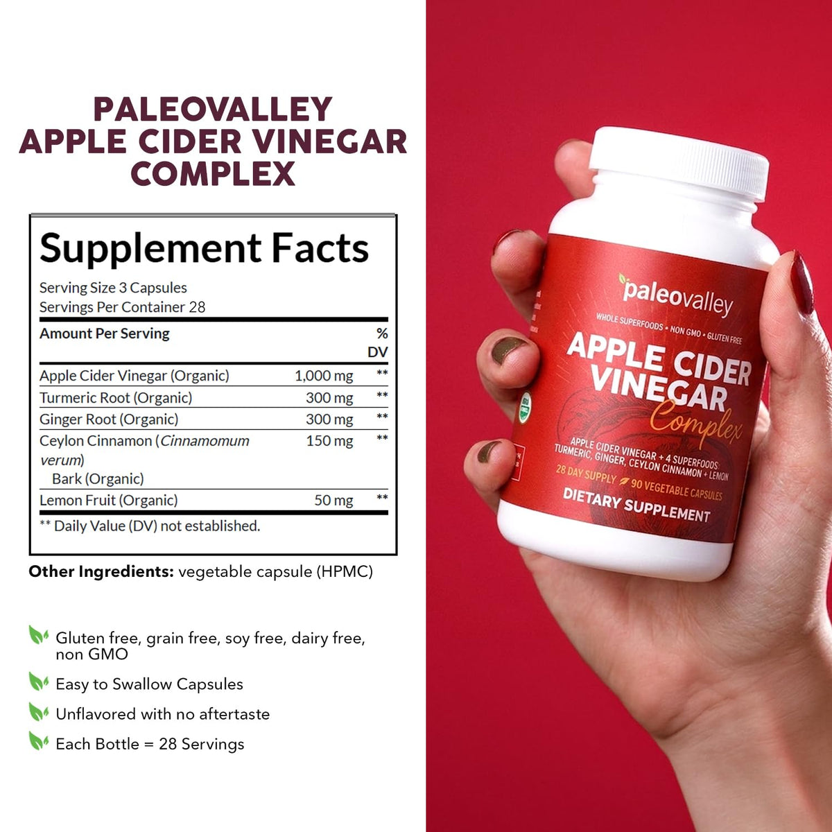 Complexe de Vinaigre de Cidre de Pomme Paleovalley 90 g avec étiquette