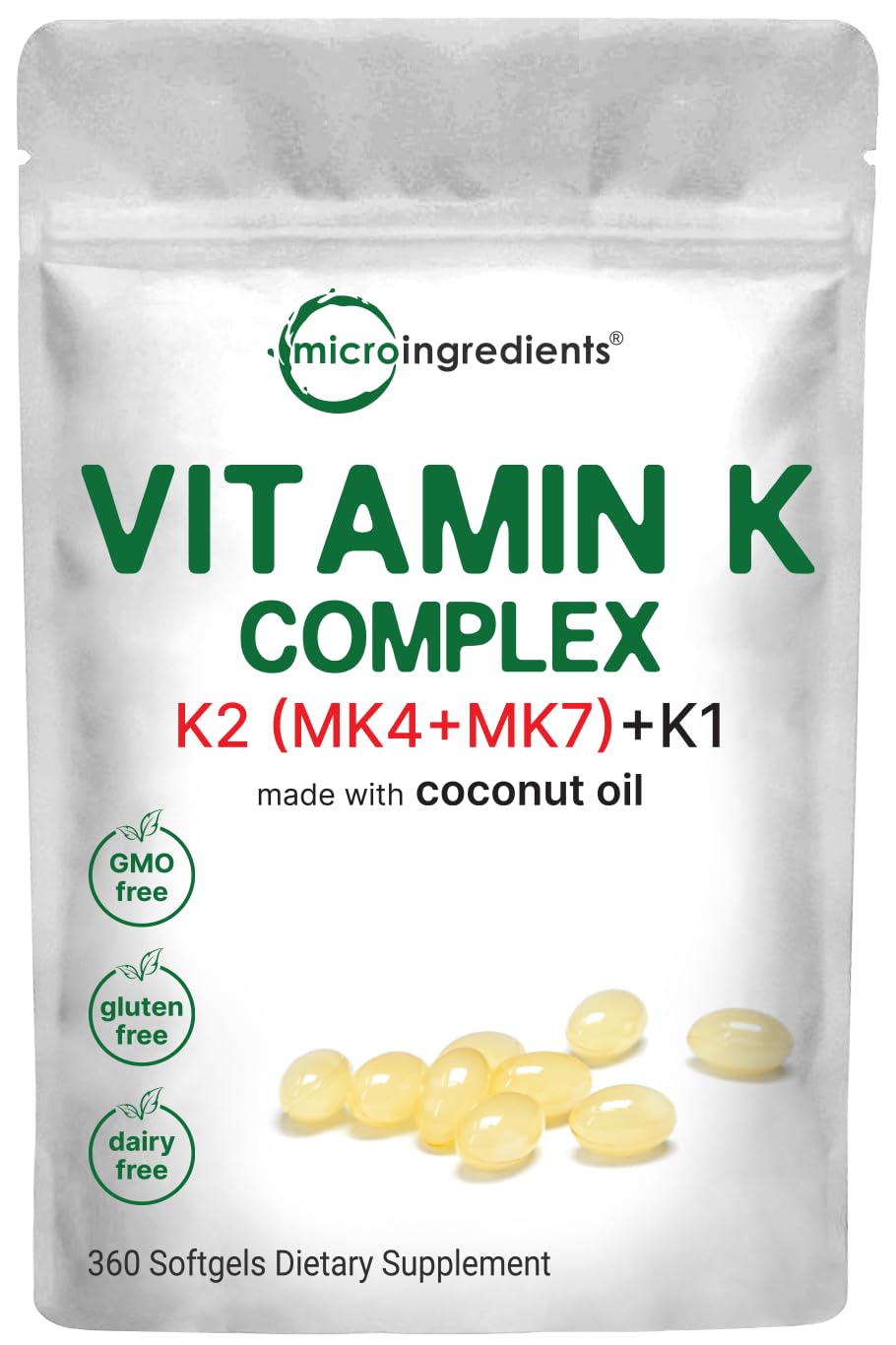 Complexe de Vitamine K Micro Ingredients gélules à l'huile de coco, sachet de 360 gélules