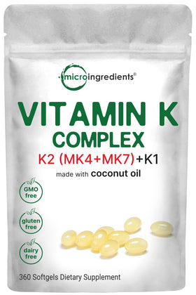 Complexe de Vitamine K Micro Ingredients gélules à l'huile de coco, sachet de 360 gélules