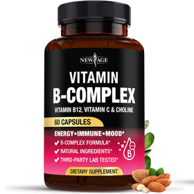 Complexe de Vitamines B NEW AGE 60 capsules végétaliennes sur fond blanc