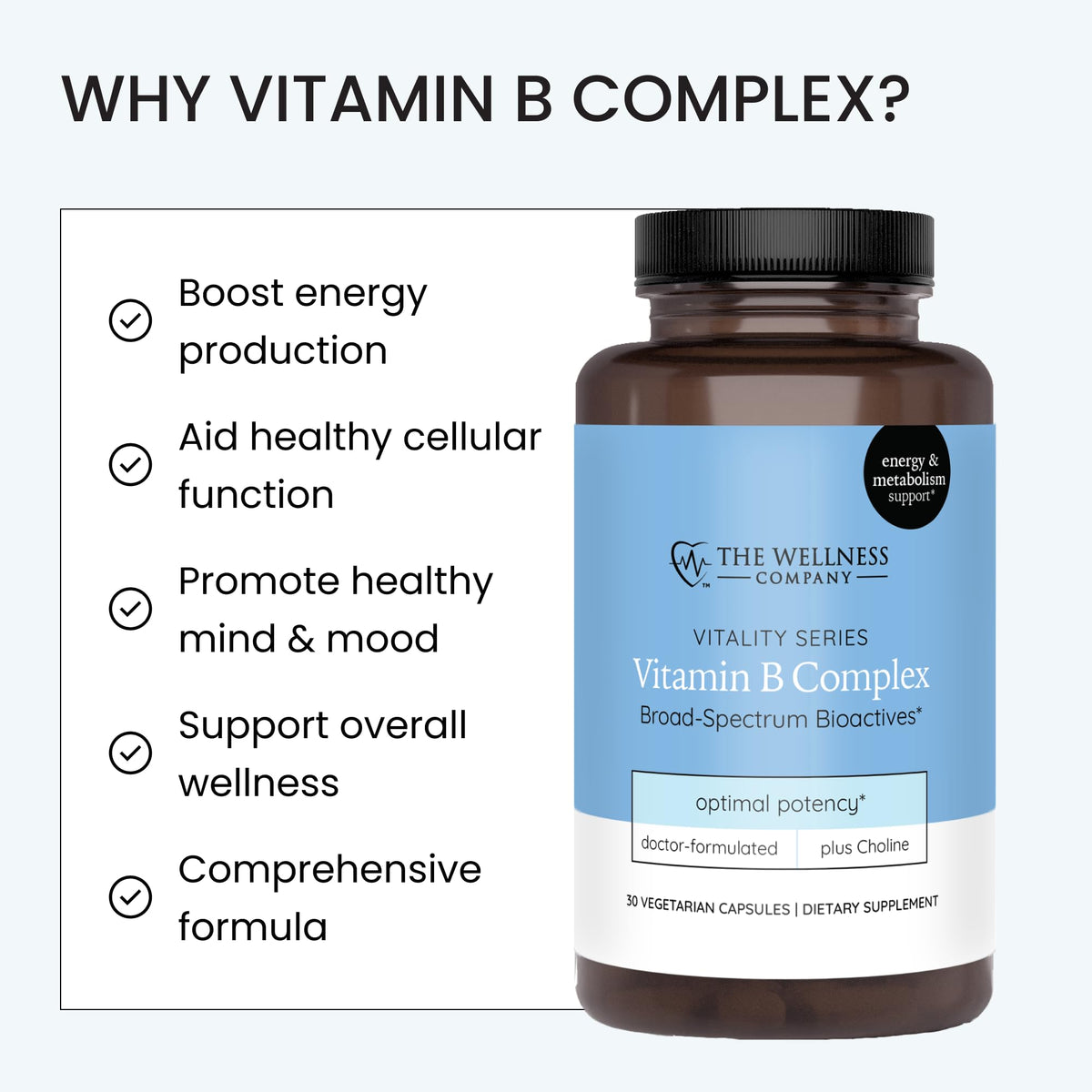 Complexe de Vitamines B The Wellness Company en usage avec un verre d'eau