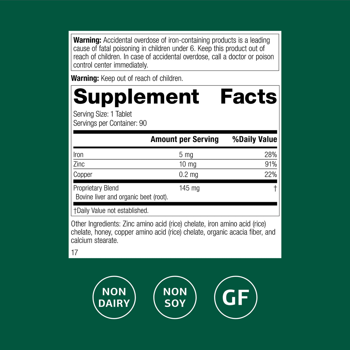 Complexe de Zinc Standard Process 90 comprimés, vue arrière avec informations nutritionnelles