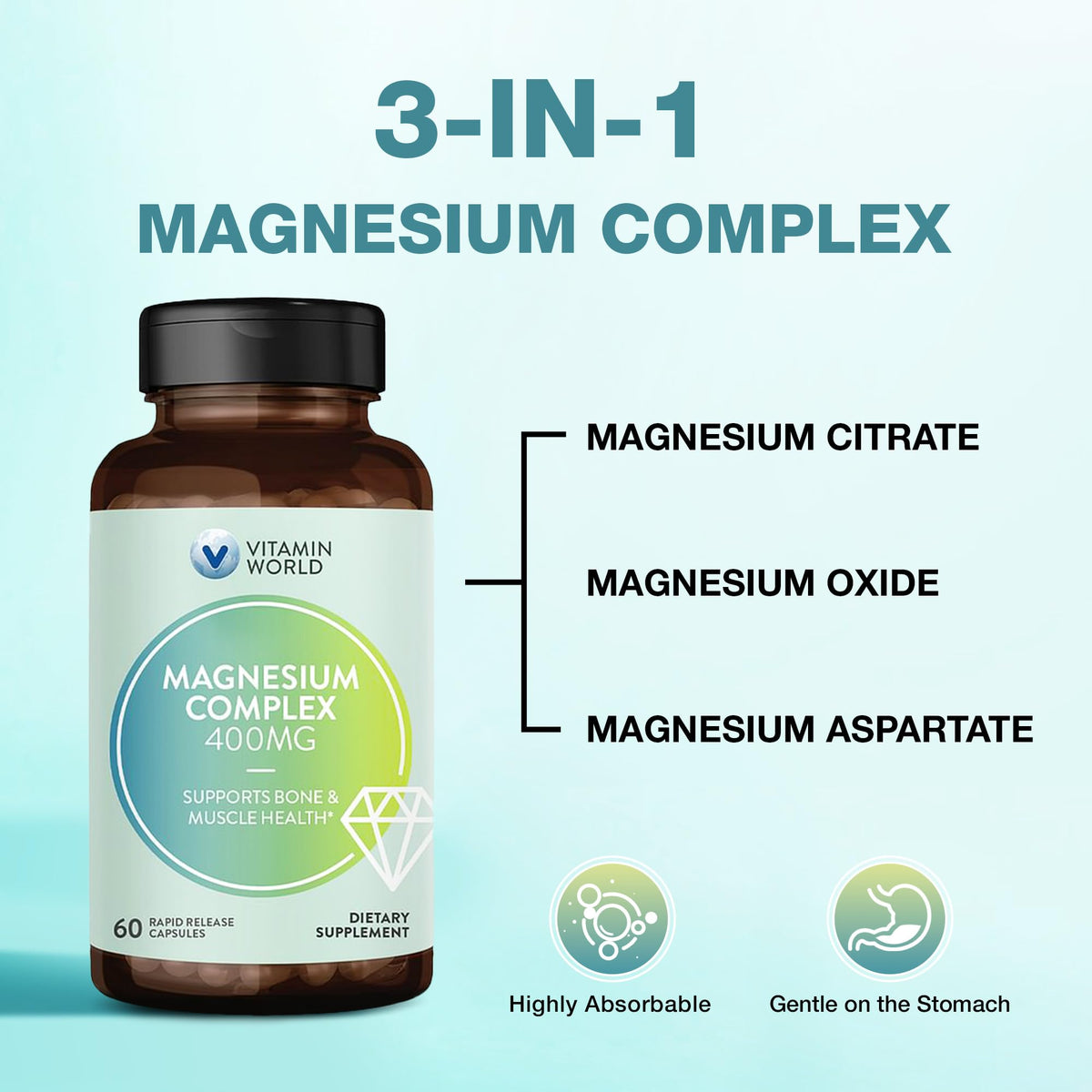 Complexe Magnésium 400mg Vitamin World 60 capsules avec étiquette