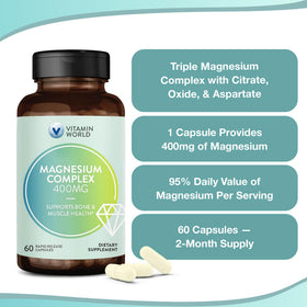 Complexe Magnésium 400mg Vitamin World avec flacon ouvert