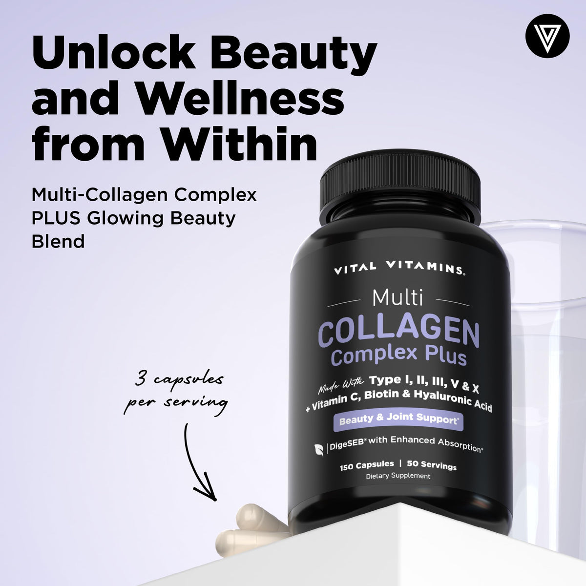Complexe Multi-Collagène Vital Vitamins 150g capsules sur fond blanc