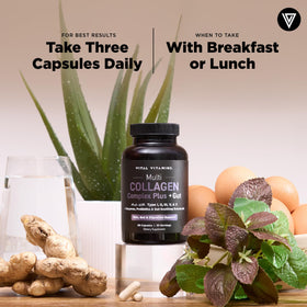 Complexe Multi-Collagène Vital Vitamins à côté d'un verre d'eau