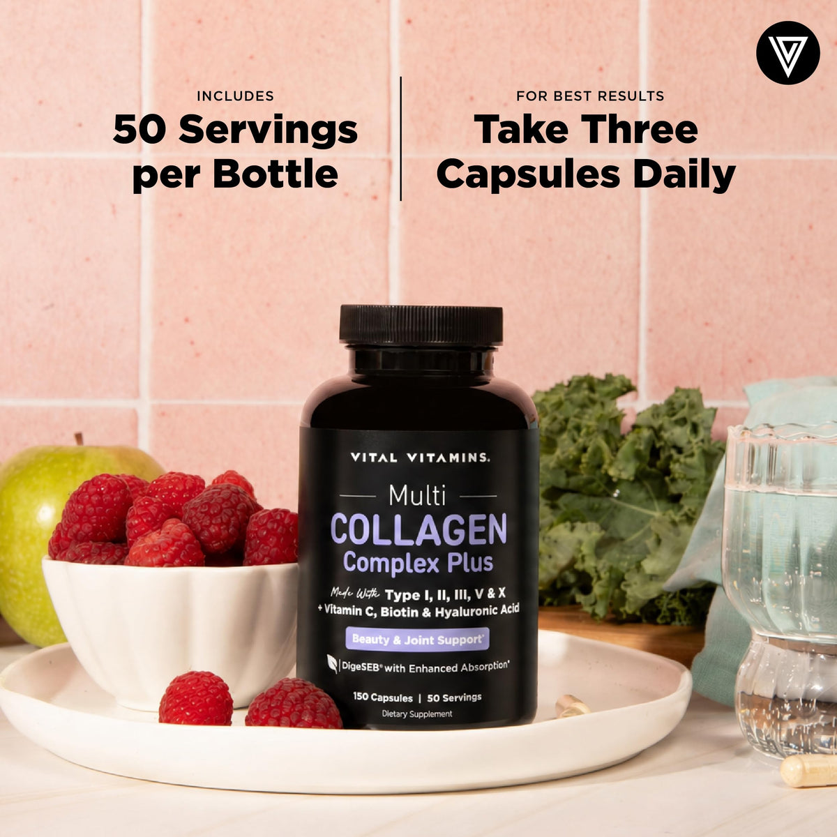 Complexe Multi-Collagène Vital Vitamins à côté de produits de soins de la peau