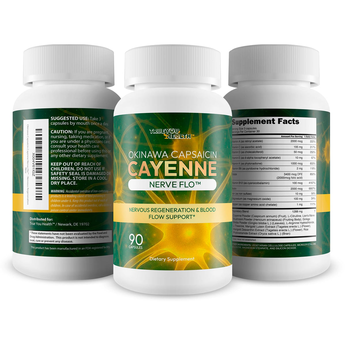 Composition d'Okinawa Capsaicin Cayenne Nerve Flo sur étiquette
