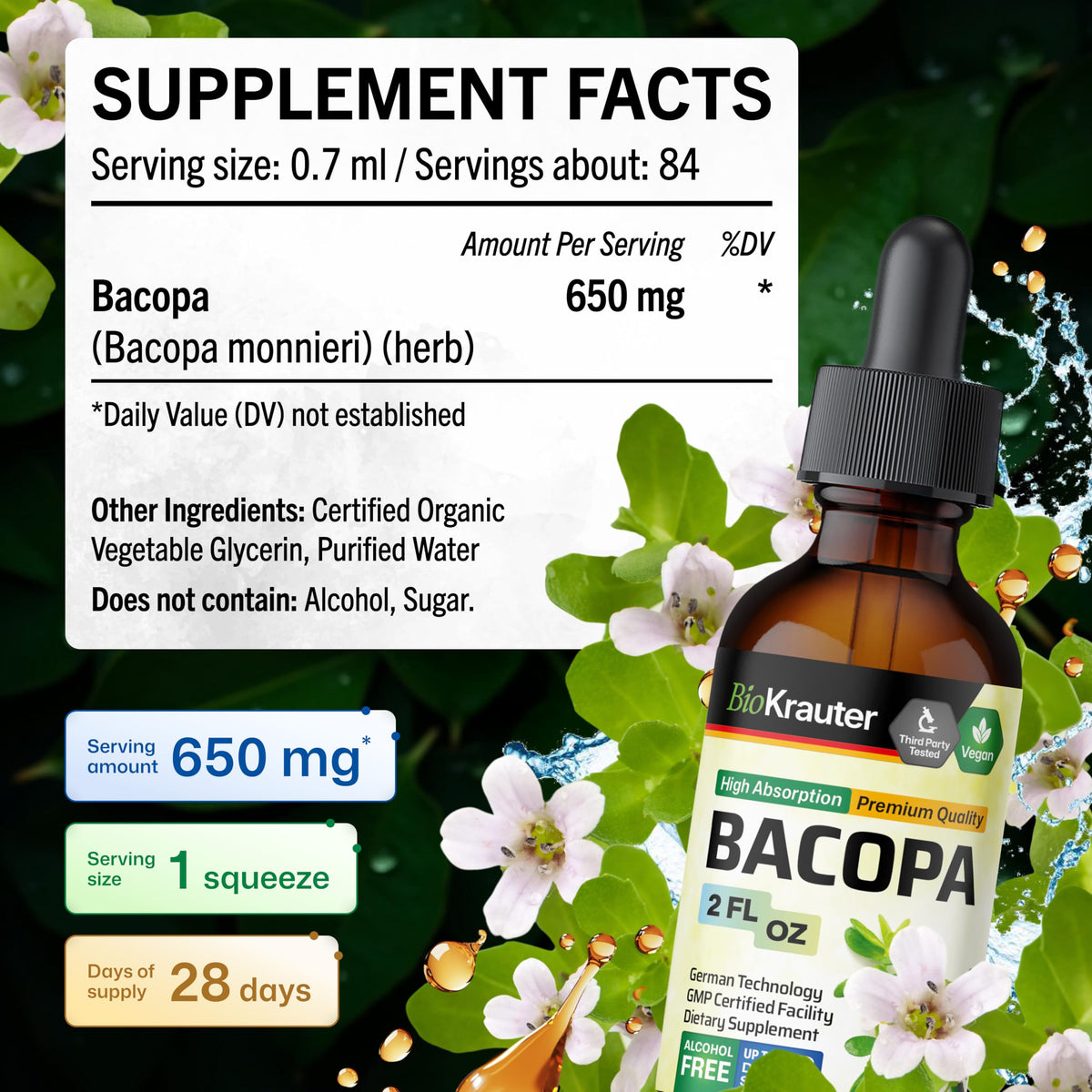 Composition de BIO KRAUTER Bacopa Monnieri montrant les ingrédients