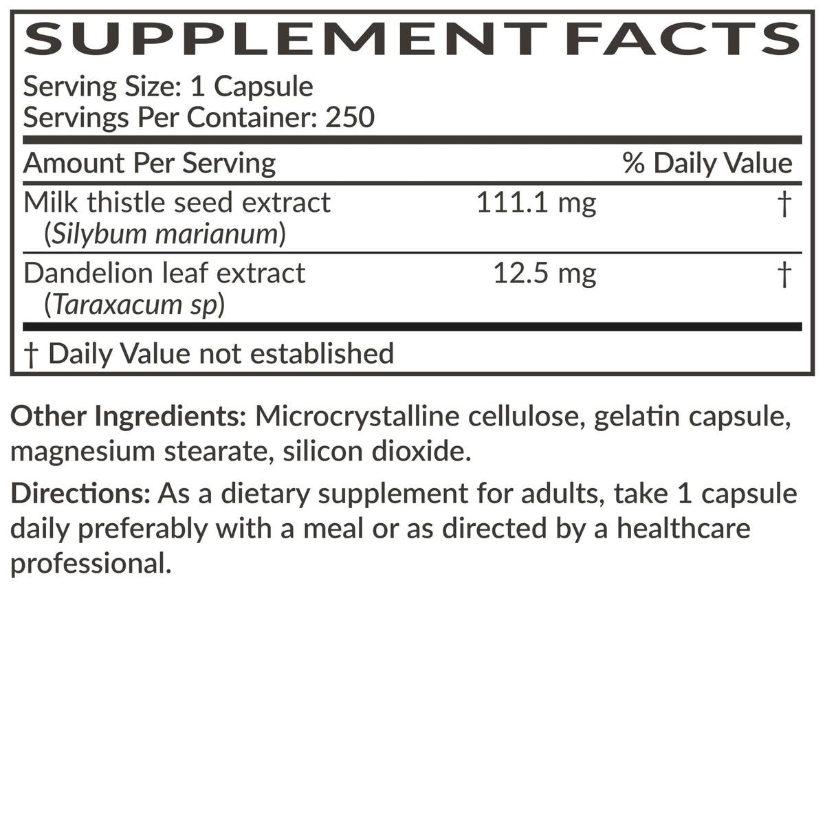 Composition de Futurebiotics Extrait de Chardon-Marie sur une table
