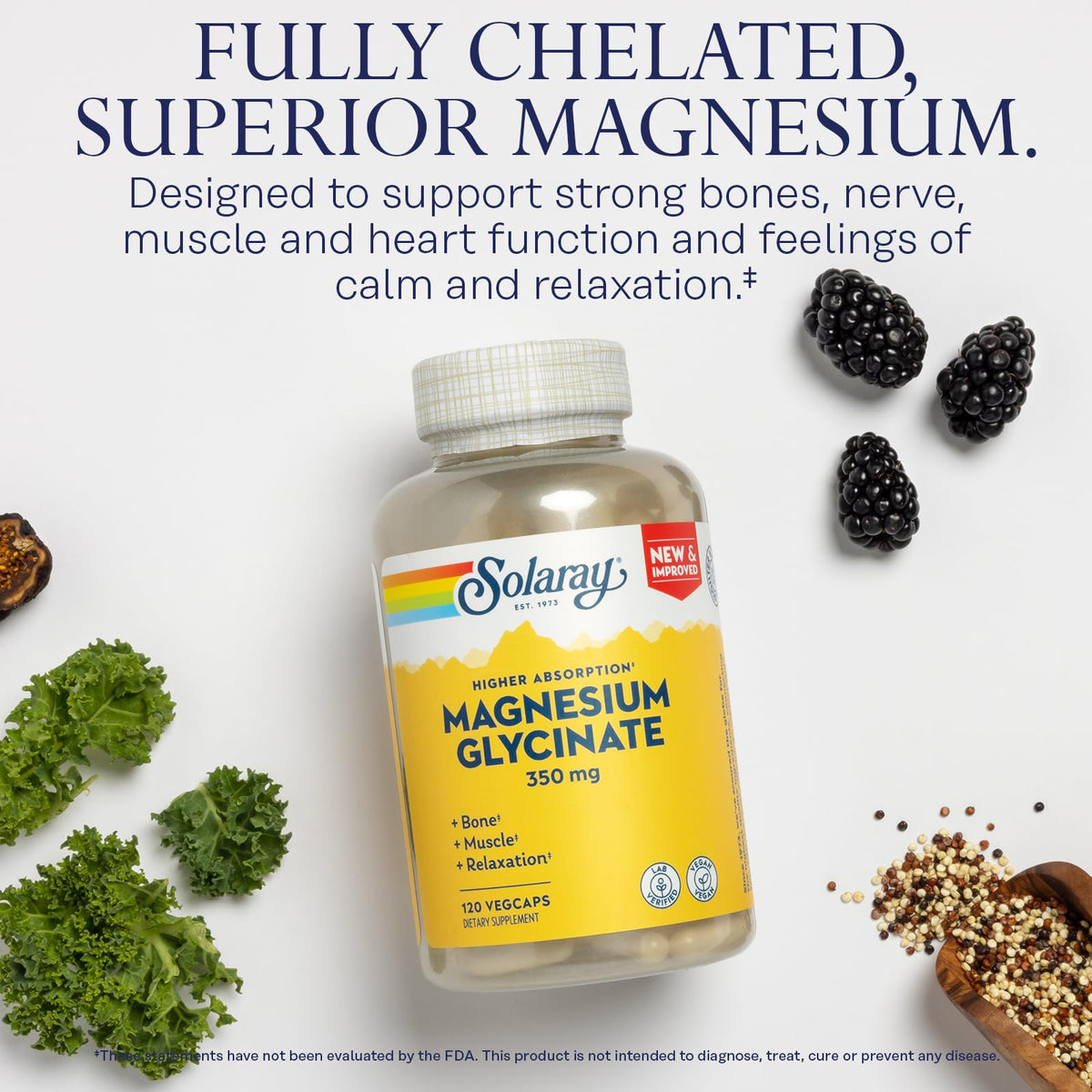 Composition de SOLARAY Magnesium Glycinate et Vitamine D3 K2 sur une surface