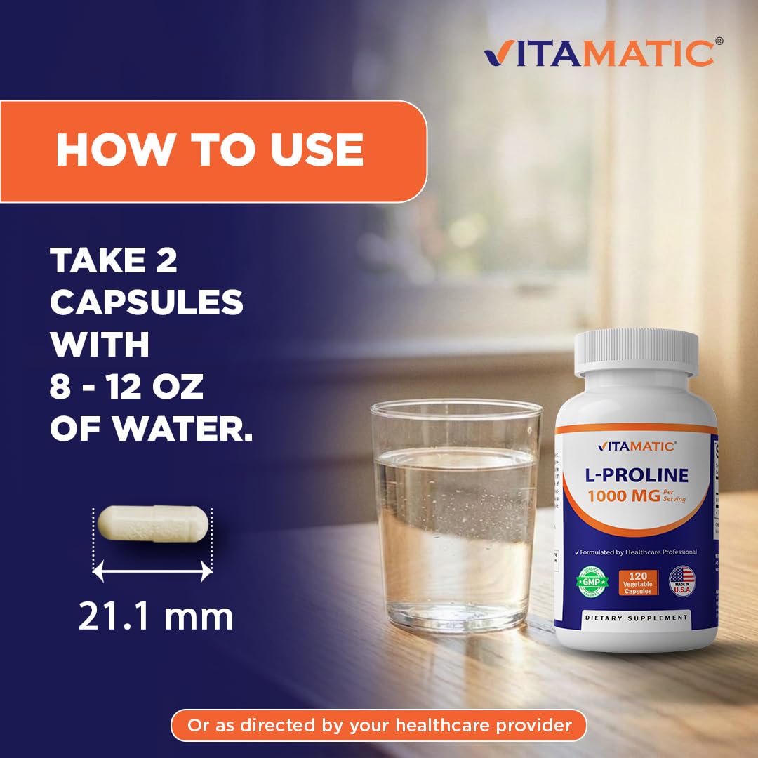 Composition de Vitamatic L-Proline 1000 MG sur fond blanc