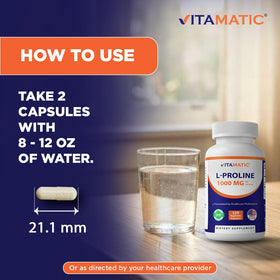 Composition de Vitamatic L-Proline 1000 MG sur fond blanc