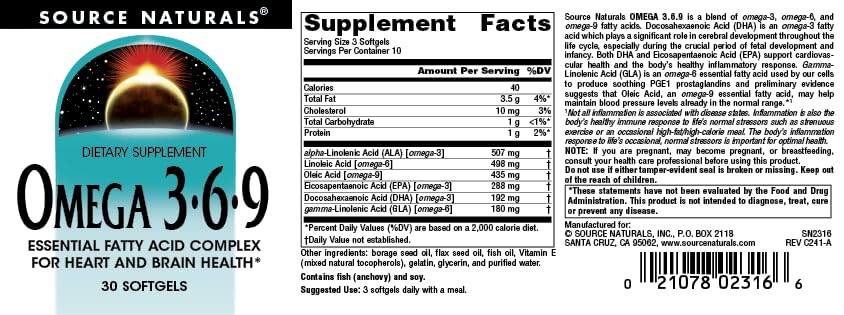 Composition des acides gras dans Source Naturals Omega 3-6-9