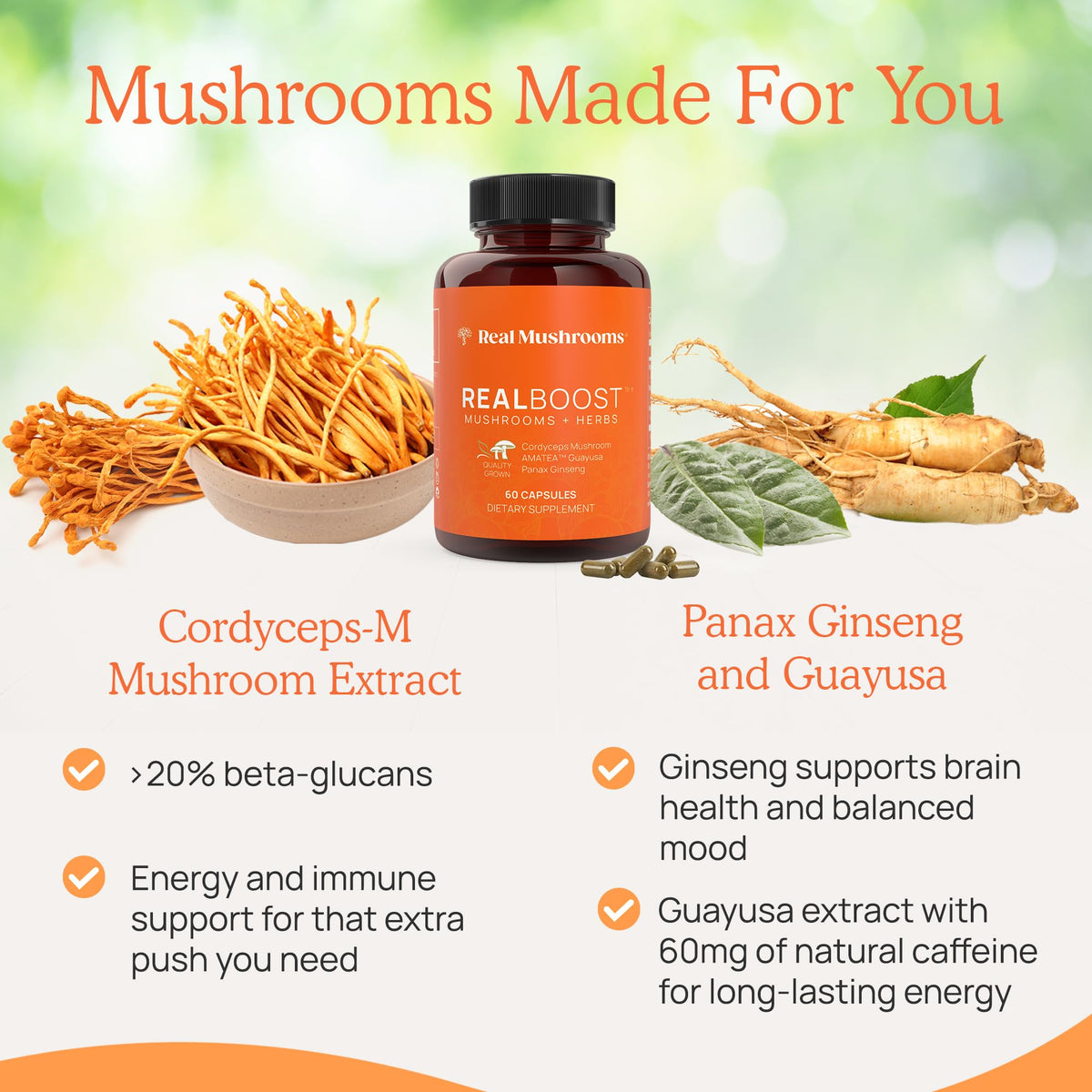 Composition des capsules avec ginseng et guayusa en arrière-plan