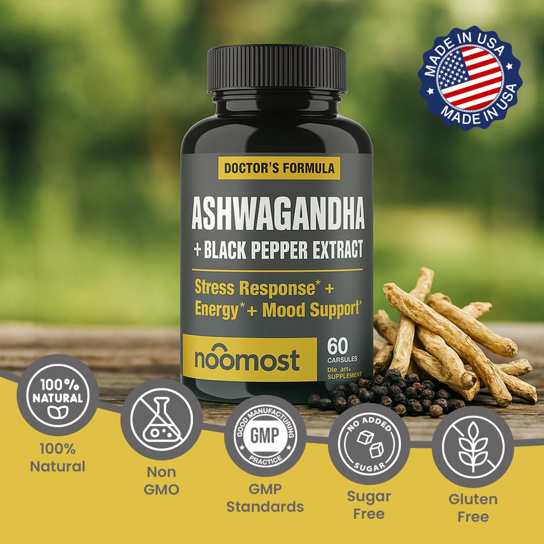 Composition des capsules d'Ashwagandha NooMost sur une table