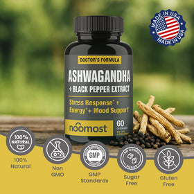 Composition des capsules d'Ashwagandha NooMost sur une table